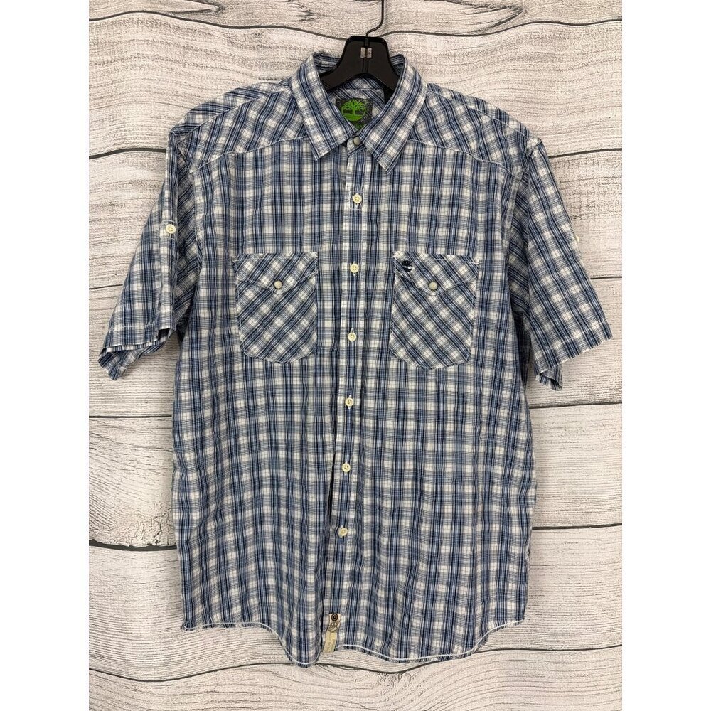 Mens Timberland Blue Plaid Short Sleeve Button-Up Shirt Size L